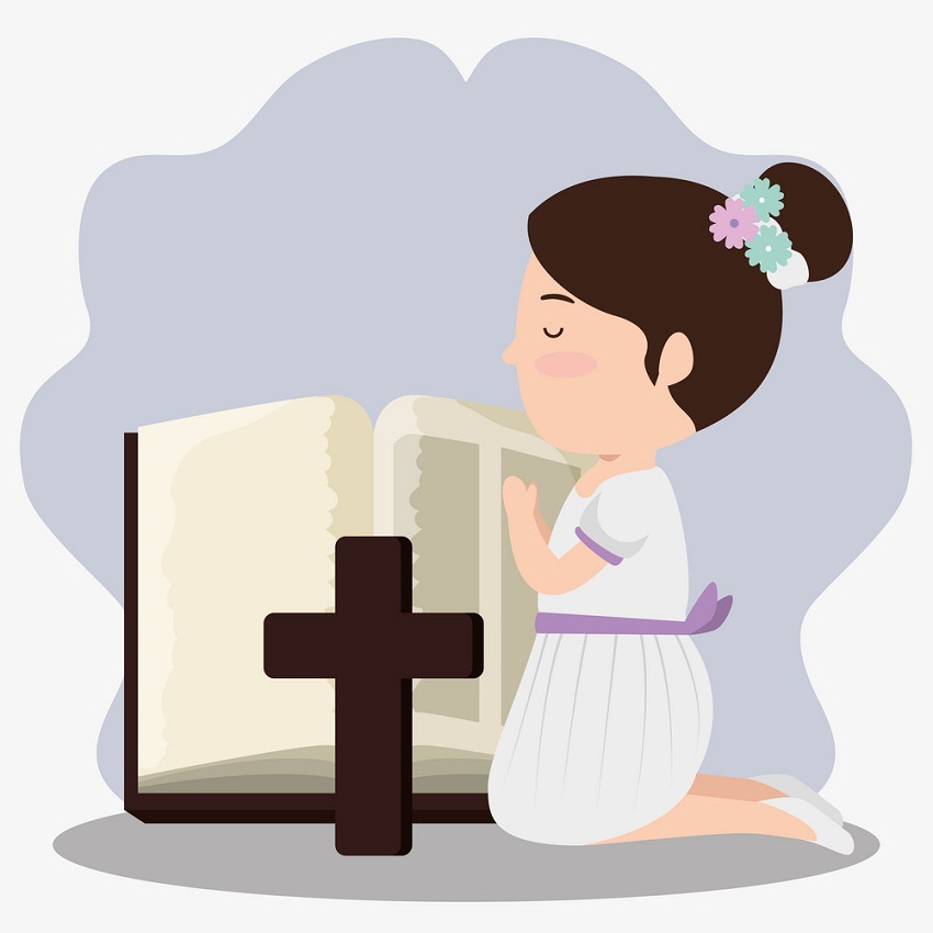 聖書と十字架を持つ女の子のイラスト