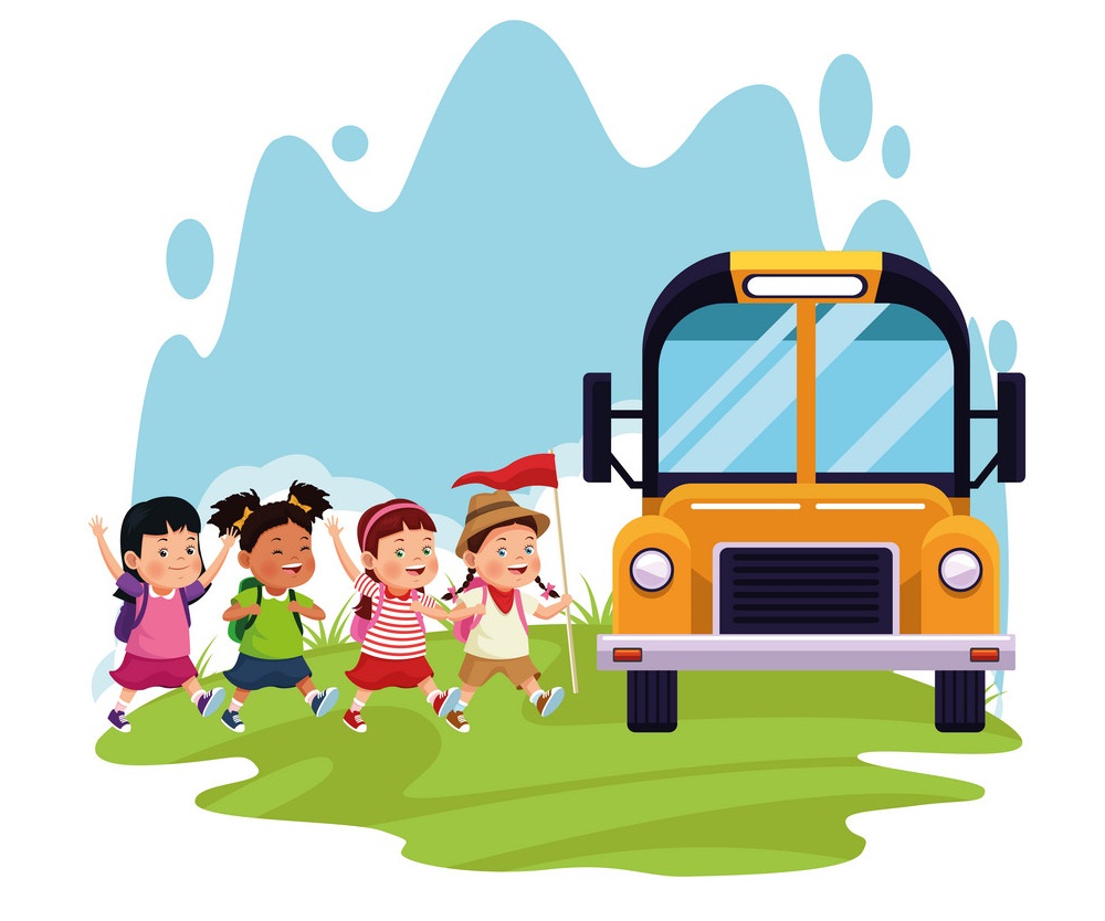 幸せな子供たちとスクールバスのイラスト