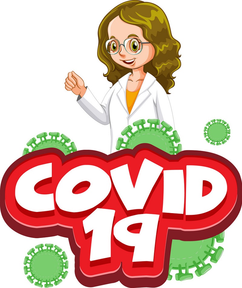 白い背景に幸せな医師と単語 covid 19 のイラストレーター フォント デザイン イラスト