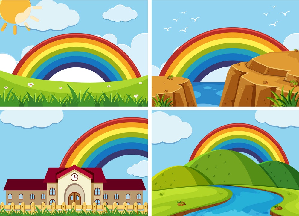 空に虹がかかる 4 つのシーンのイラスト イラスト