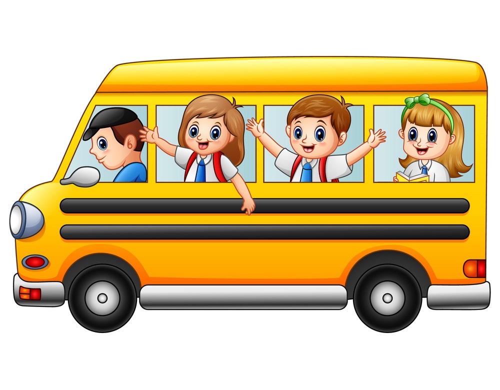 スクールバスに乗った幸せな子供たちをイラストします