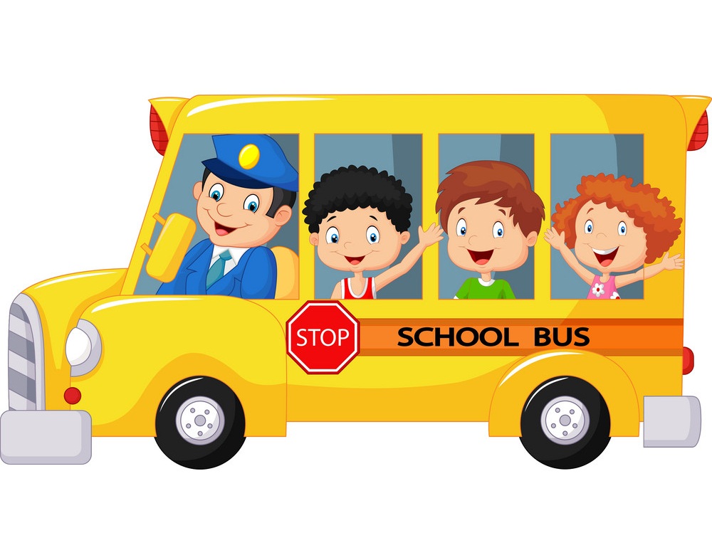 スクールバスに乗った幸せな子供たちをイラストします