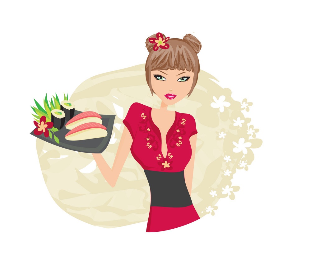 寿司を持つアジアの女の子のイラスト イラスト