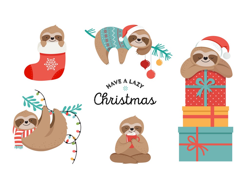 怠惰なクリスマスを過ごすナマケモノのイラスト イラスト