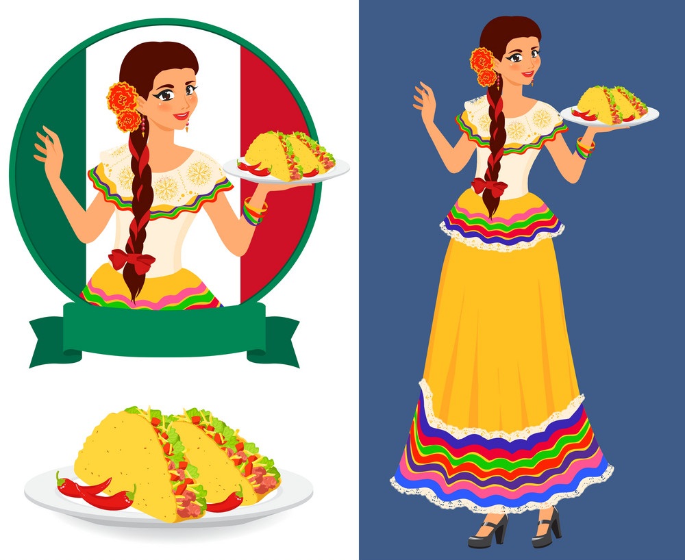 タコスを持つメキシコ人の女の子のイラスト