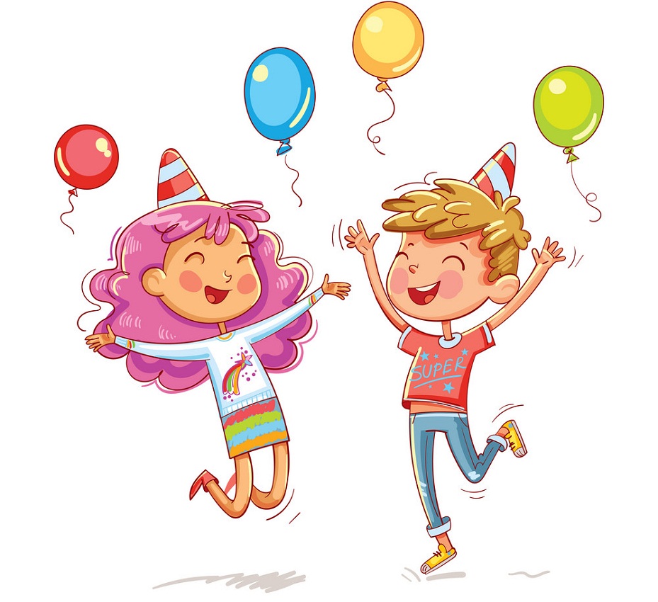 誕生日風船を持つ幸せな子供たちのイラスト イラスト