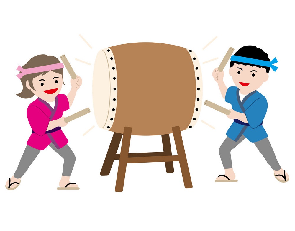 和太鼓を演奏する男性と女性のイラスト イラスト