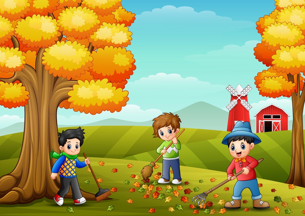 秋に落ち葉をかき集める子供たちをイラストします イラスト