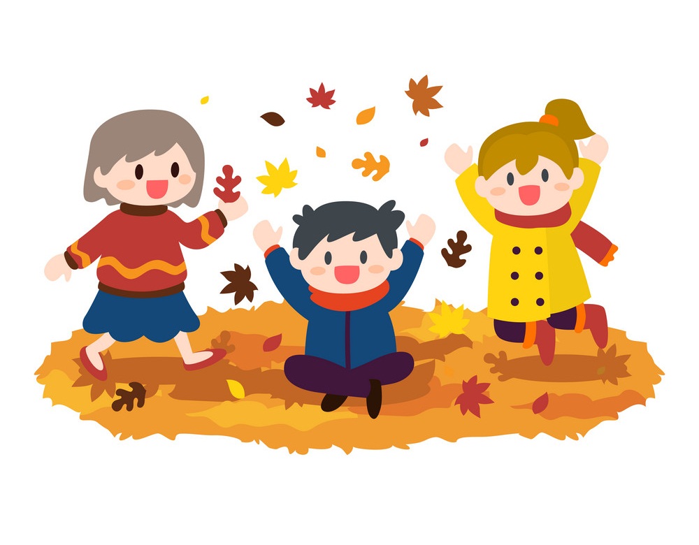 秋の紅葉を持つ子供たちのイラストを描く