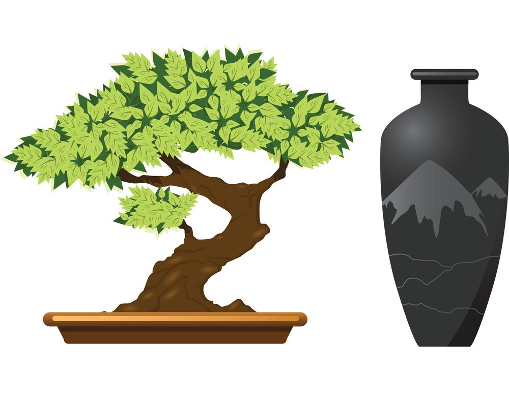 盆栽とアンティークの花瓶のイラスト イラスト
