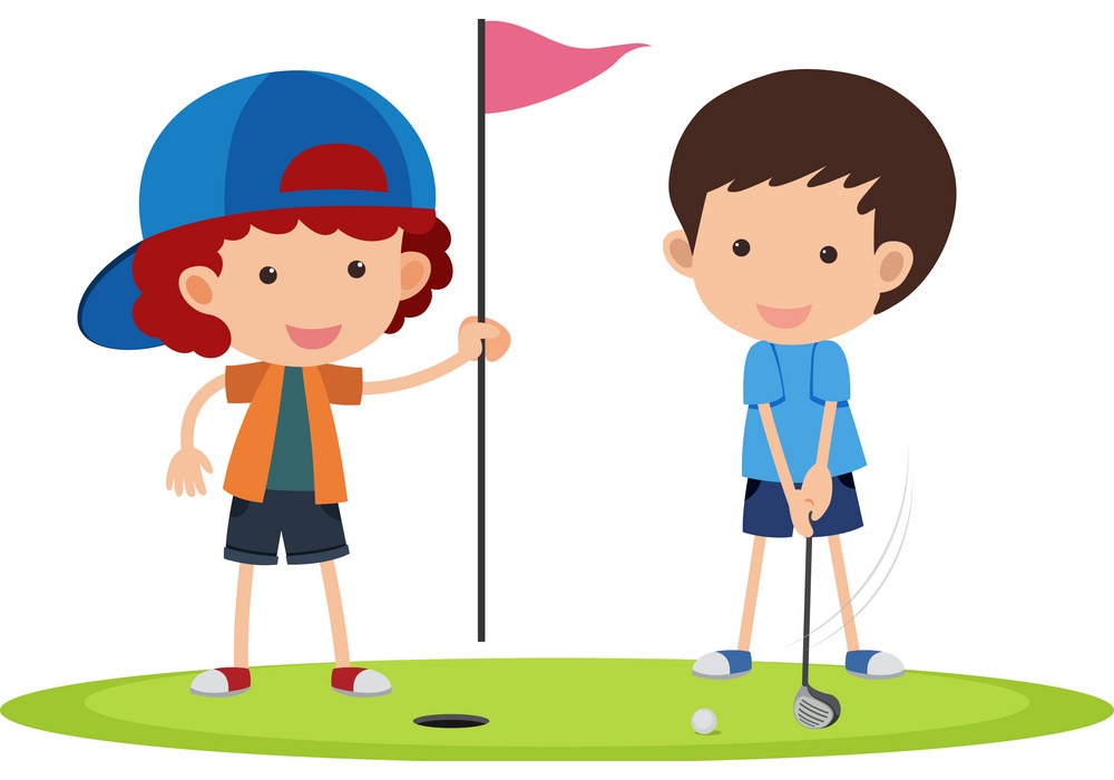 ゴルフをしている 2 人の男の子のイラスト