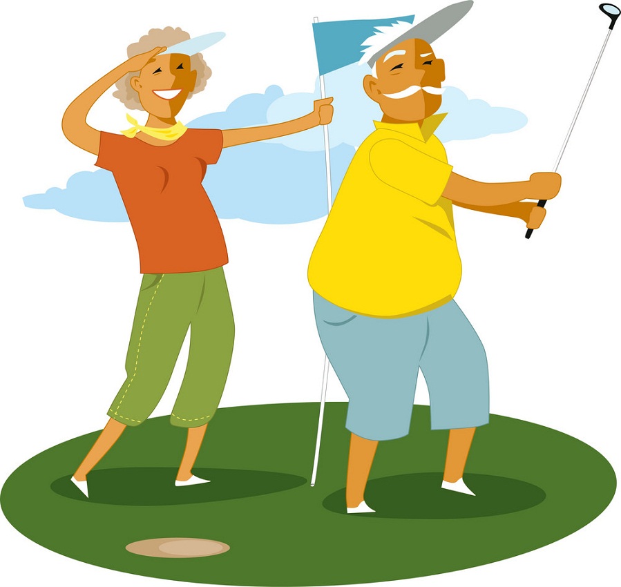 ゴルフをするシニア夫婦のイラスト イラスト