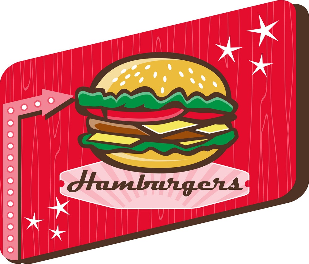 イラストレトロな 1950 年代のダイナーのハンバーガーの看板