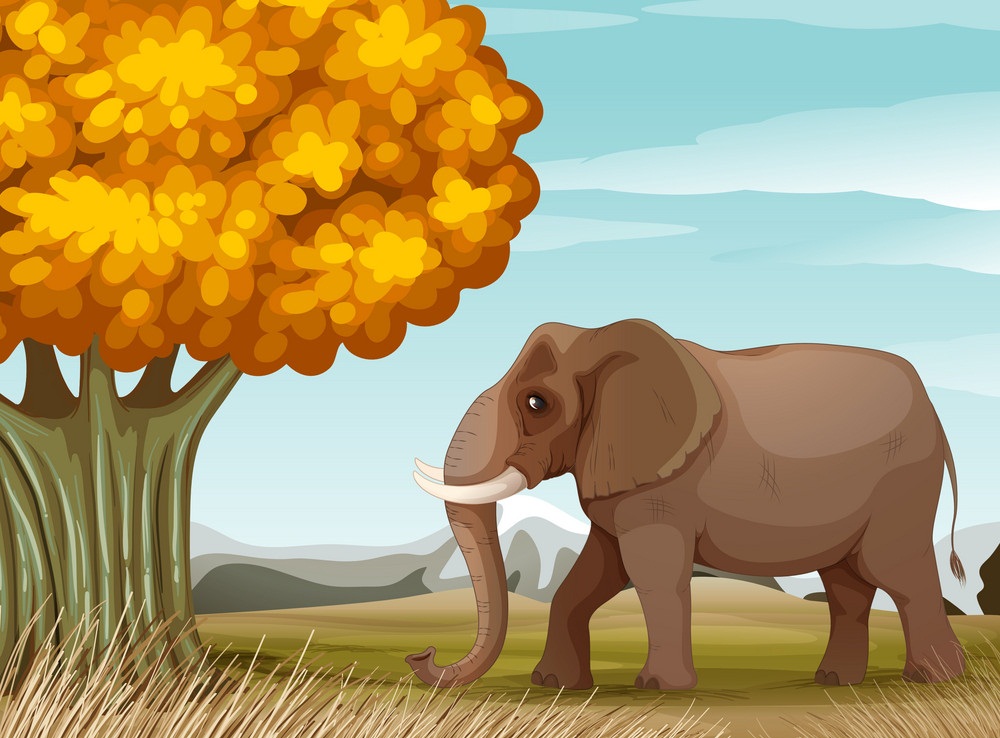 大きな木の近くの茶色の象のイラスト イラスト