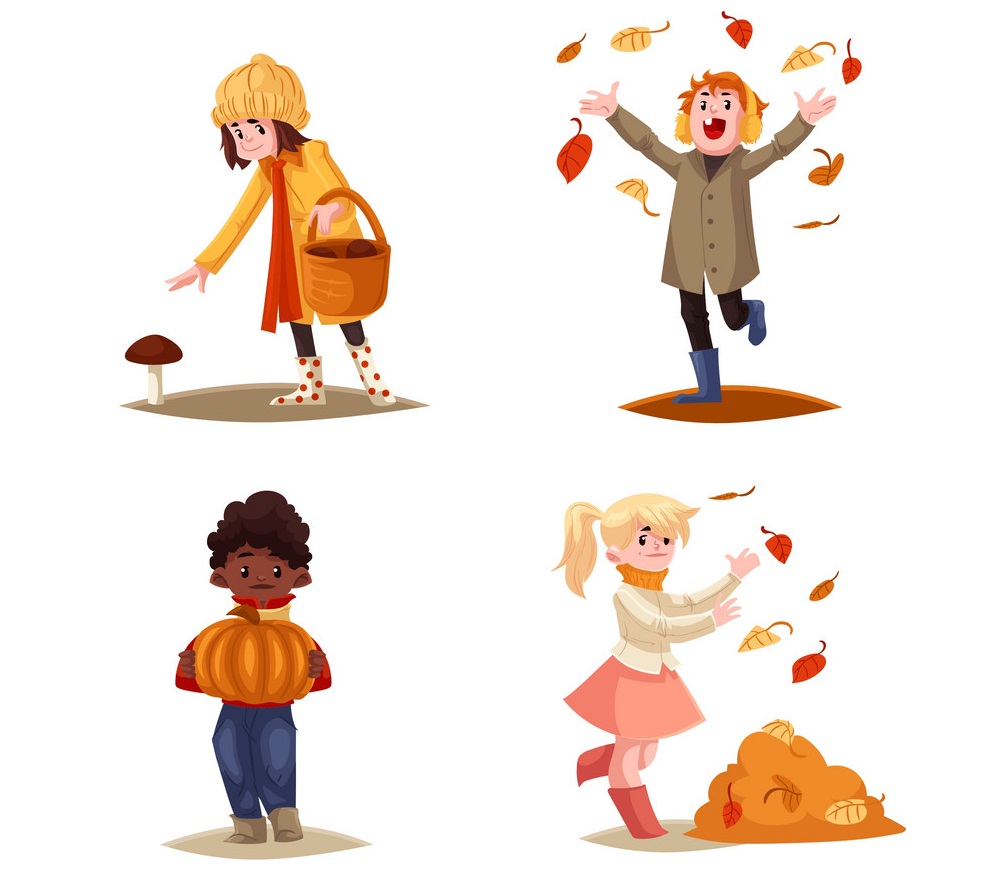 屋外の秋を楽しむ子供たちのイラストセット