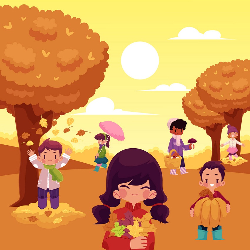 屋外の秋を楽しむ子供たちのイラスト イラスト