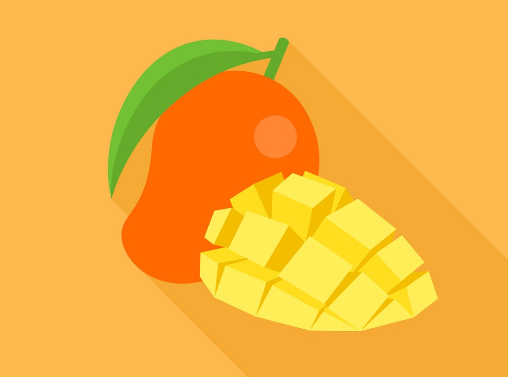 オレンジ色の背景にマンゴーのアイコンを図します イラスト