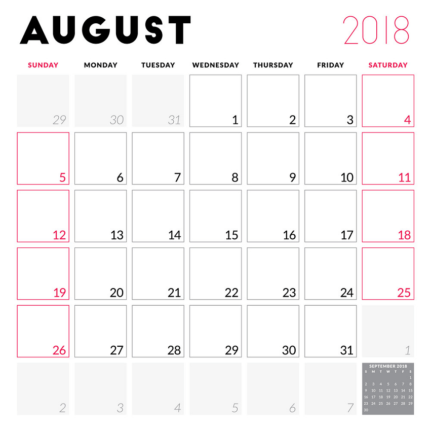 2018 年 8 月のカレンダー プランナー png イラスト イラスト