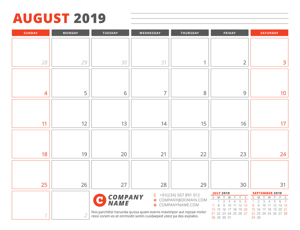 2019 年 8 月ビジネス イラストのカレンダー テンプレート イラスト