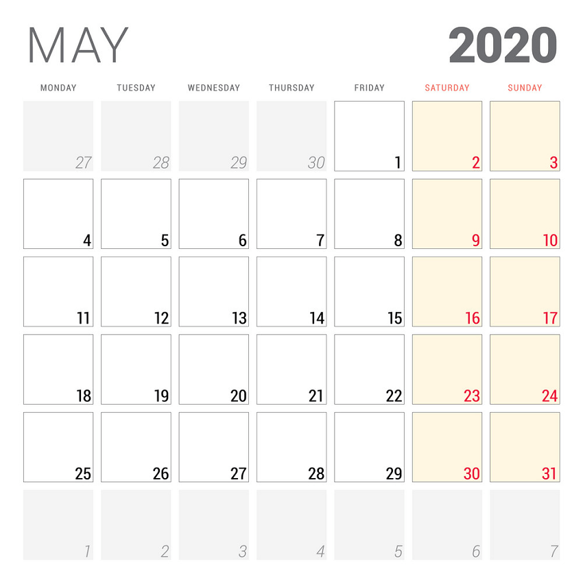 2020年5月のカレンダープランナーのイラストpng