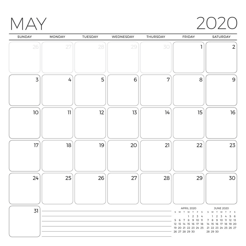 2020年5月のマンスリーカレンダープランナーテンプレートpngのイラスト