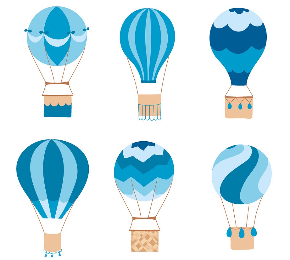 青い熱気球のセットのイラスト イラスト