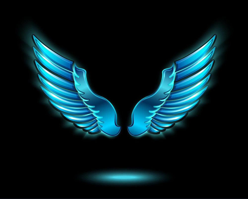 青く輝く天使の羽のイラスト