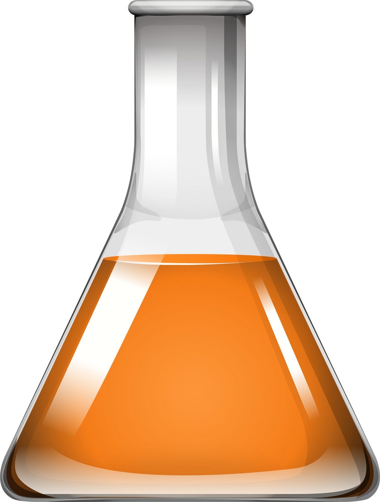 ガラスビーカーの中のオレンジ色の液体を図示します