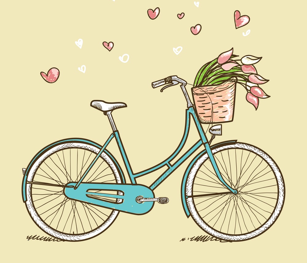 花のイラストが描かれたビンテージ自転車