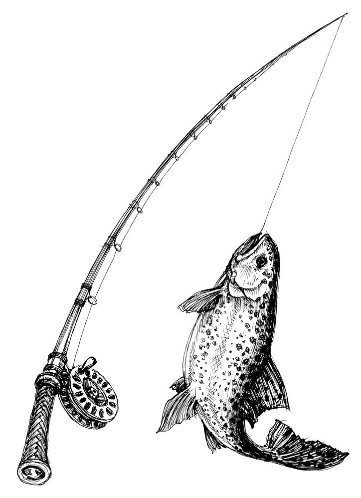 イラスト釣り竿と魚の手描きpng