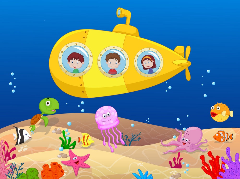 海中の潜水艦の子供たちをイラストします。