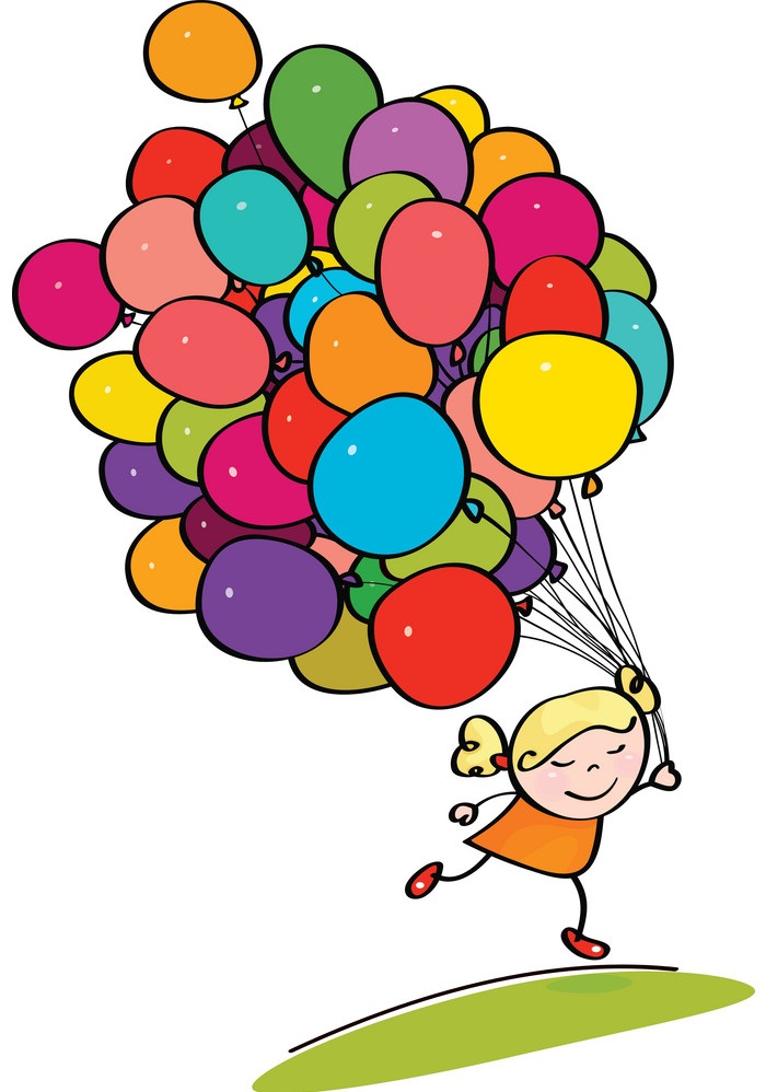カラフルな風船を持つ小さな女の子のイラスト イラスト