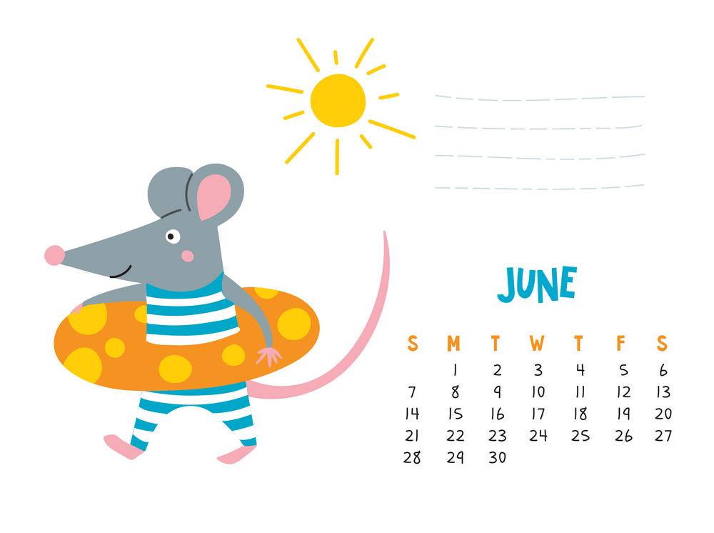 かわいいネズミの PNG と 6 月のカレンダー ページのイラスト