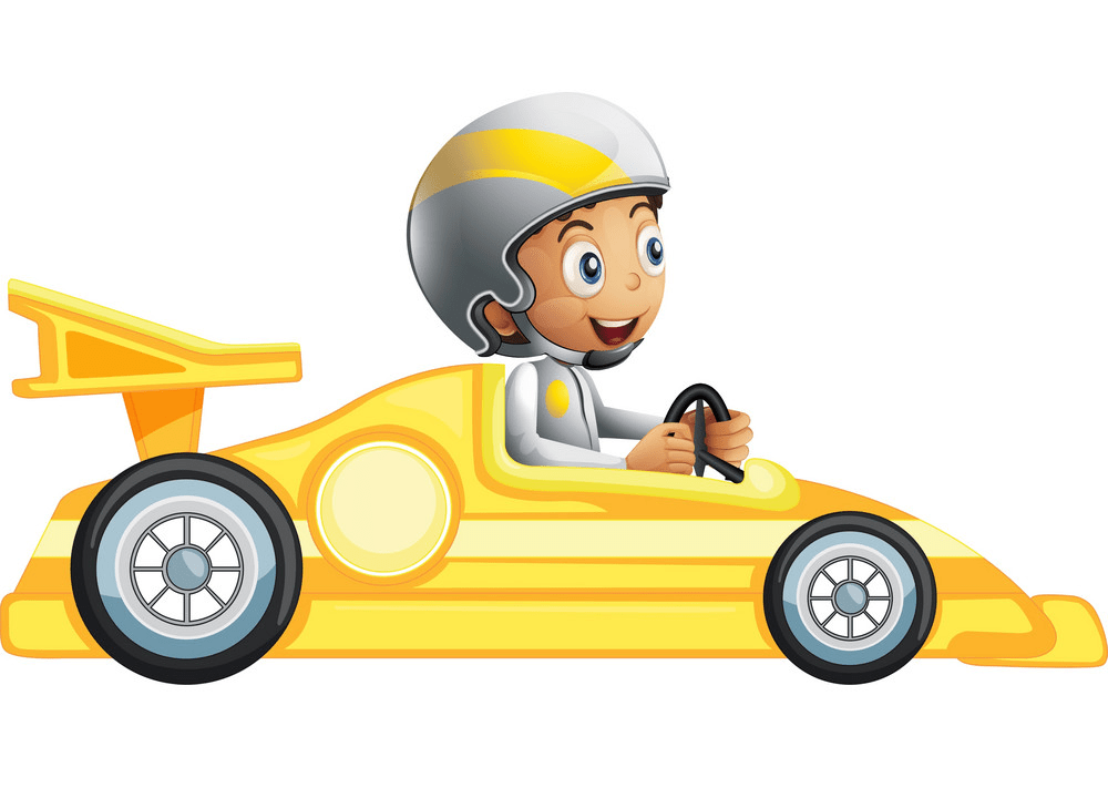 黄色のフォーミュラ1レースカーを運転している少年のイラストpng イラスト