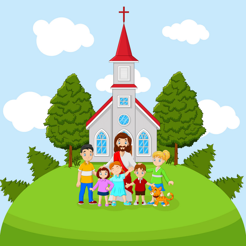 教会の子供たちとイエスのイラストpng