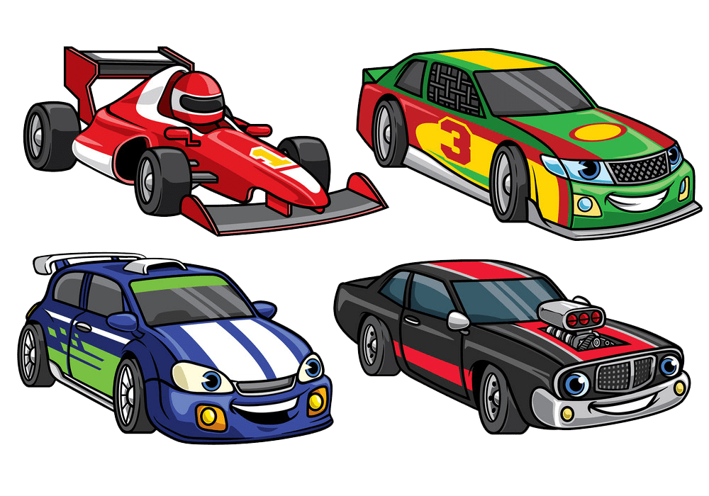 漫画レーシングカーのイラストセットPNG透明