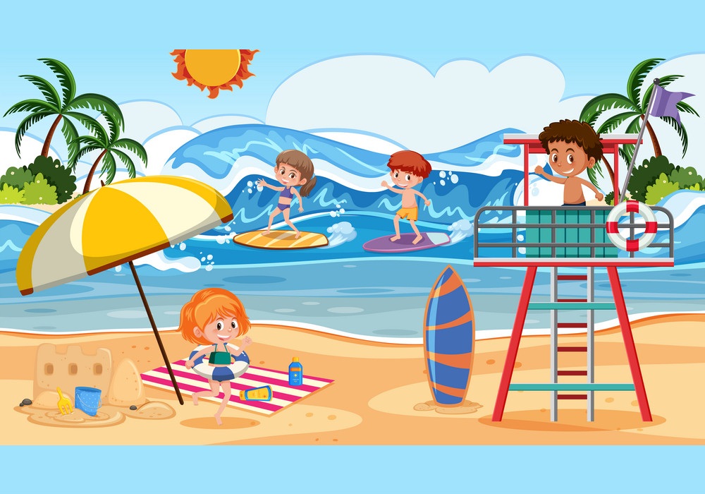 夏のビーチで遊ぶ子供たちのイラスト