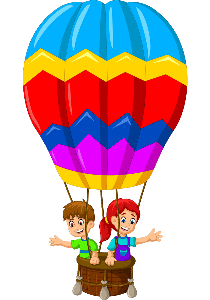 熱気球に乗った二人の子供のイラスト PNG 透過 イラスト