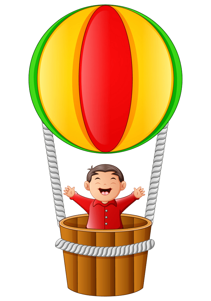 熱気球に乗った幸せな少年のイラスト PNG 透過