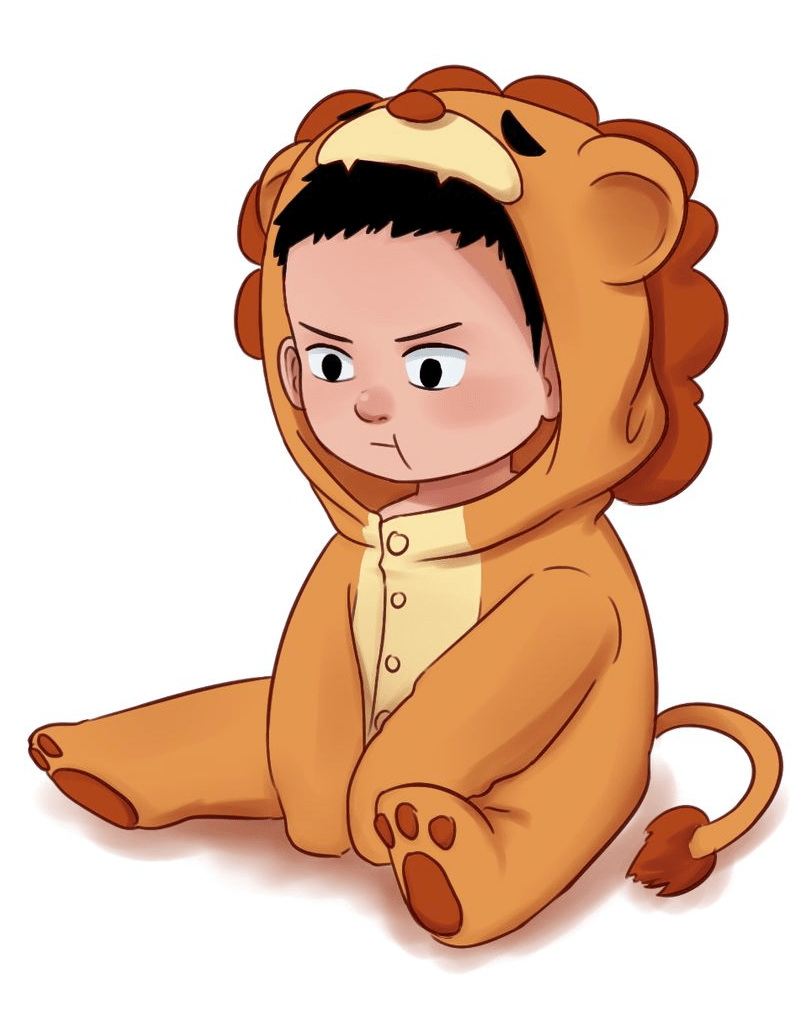 ライオンの着ぐるみを着た悲しい少年のイラストpng