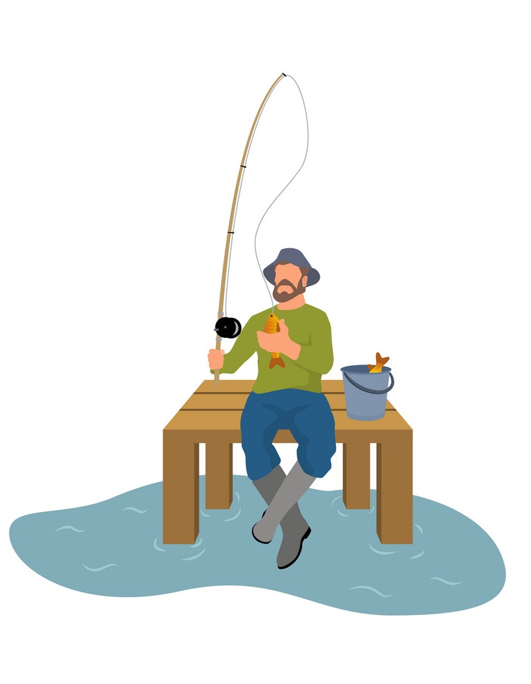 魚を捕まえる釣り竿を持つ漁師のイラスト