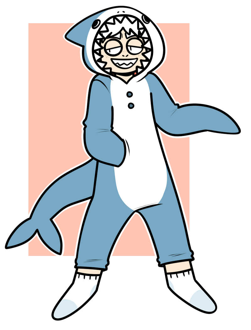 サメの着ぐるみを着た笑顔の少年のイラスト png