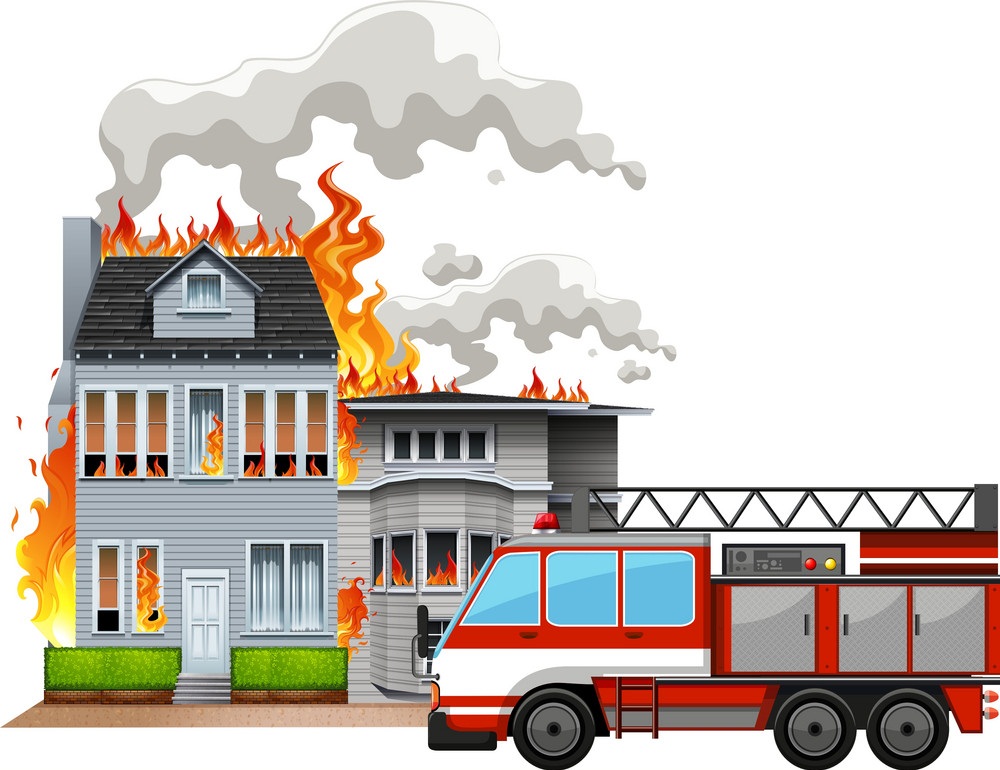 消防車による火災現場のイラスト イラスト