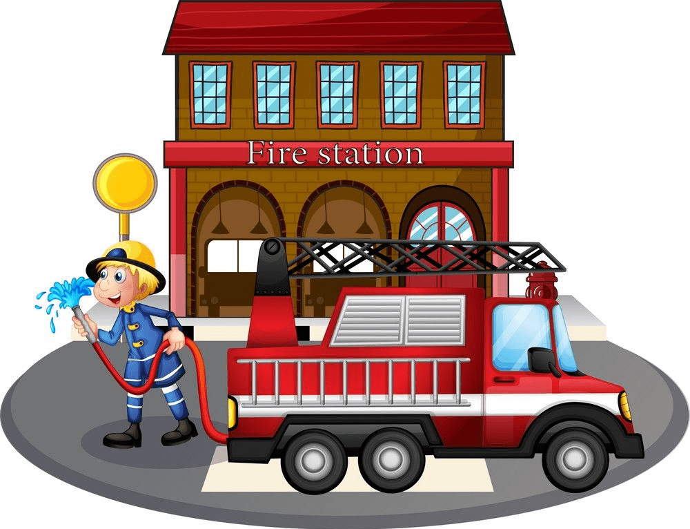 消防車の近くにホースを持っている消防士のイラストpng イラスト