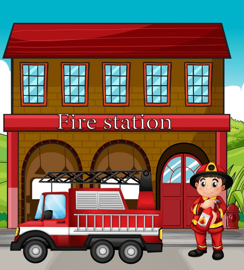 消防署の消防車を持つ消防士のイラストpng イラスト