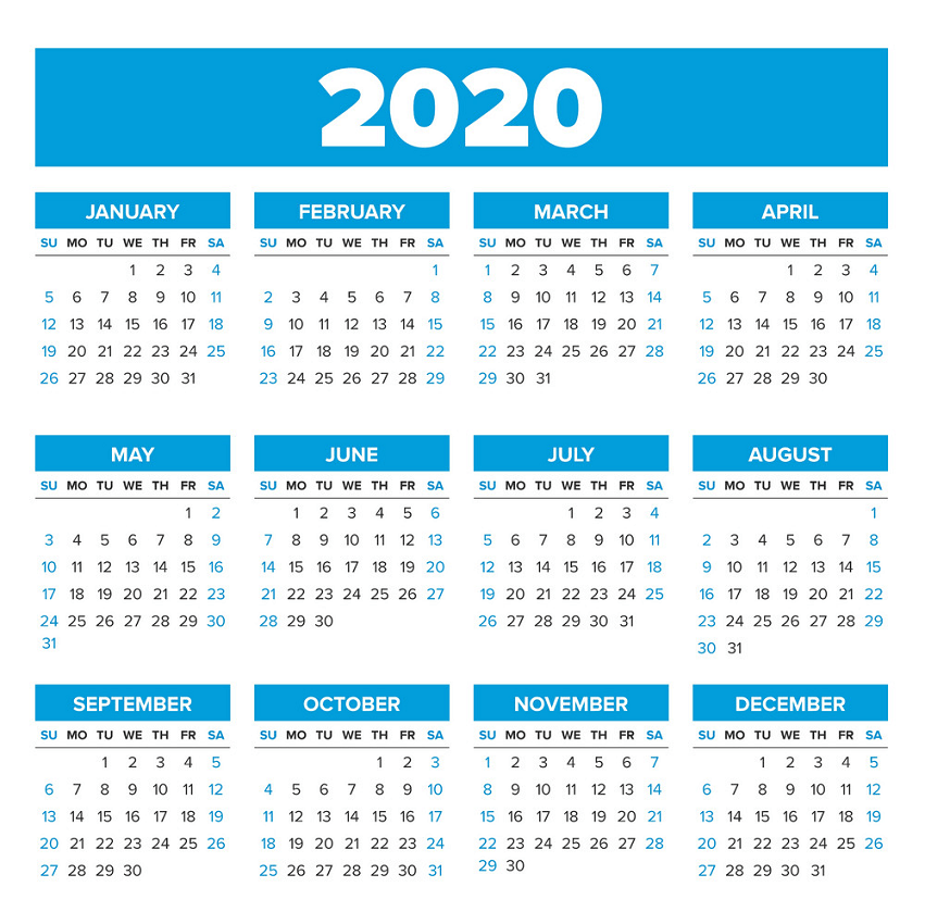 シンプルな2020年カレンダーpngイラスト