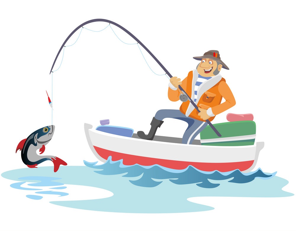 釣り竿で魚を捕まえる漁師のイラスト