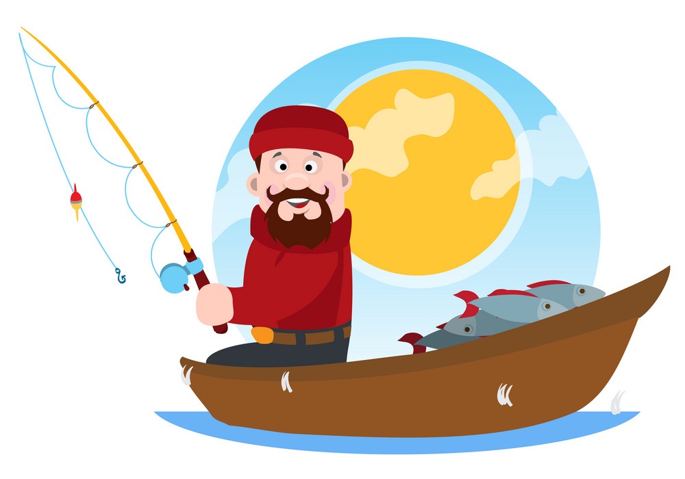 釣り竿を持ったボートに乗った漁師のイラスト