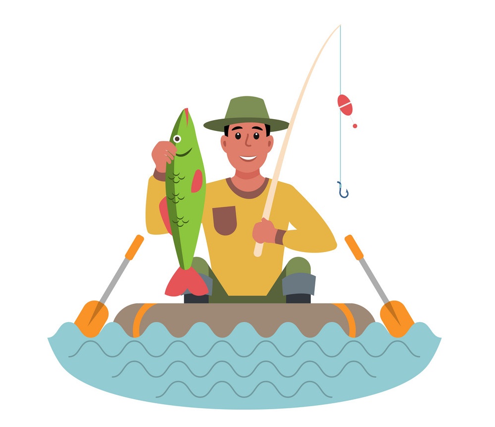 釣り竿と大きな魚を持つボートに乗った漁師のイラスト イラスト