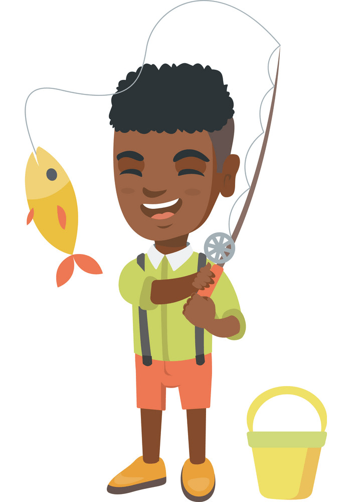釣り竿と魚を持つ幸せな少年のイラスト png